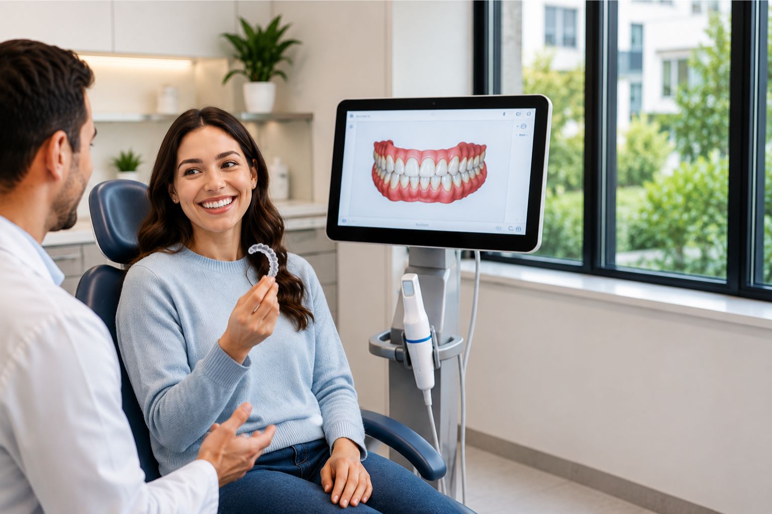 Patient holding Invisalign clear aligners during consultation in modern dental clinic