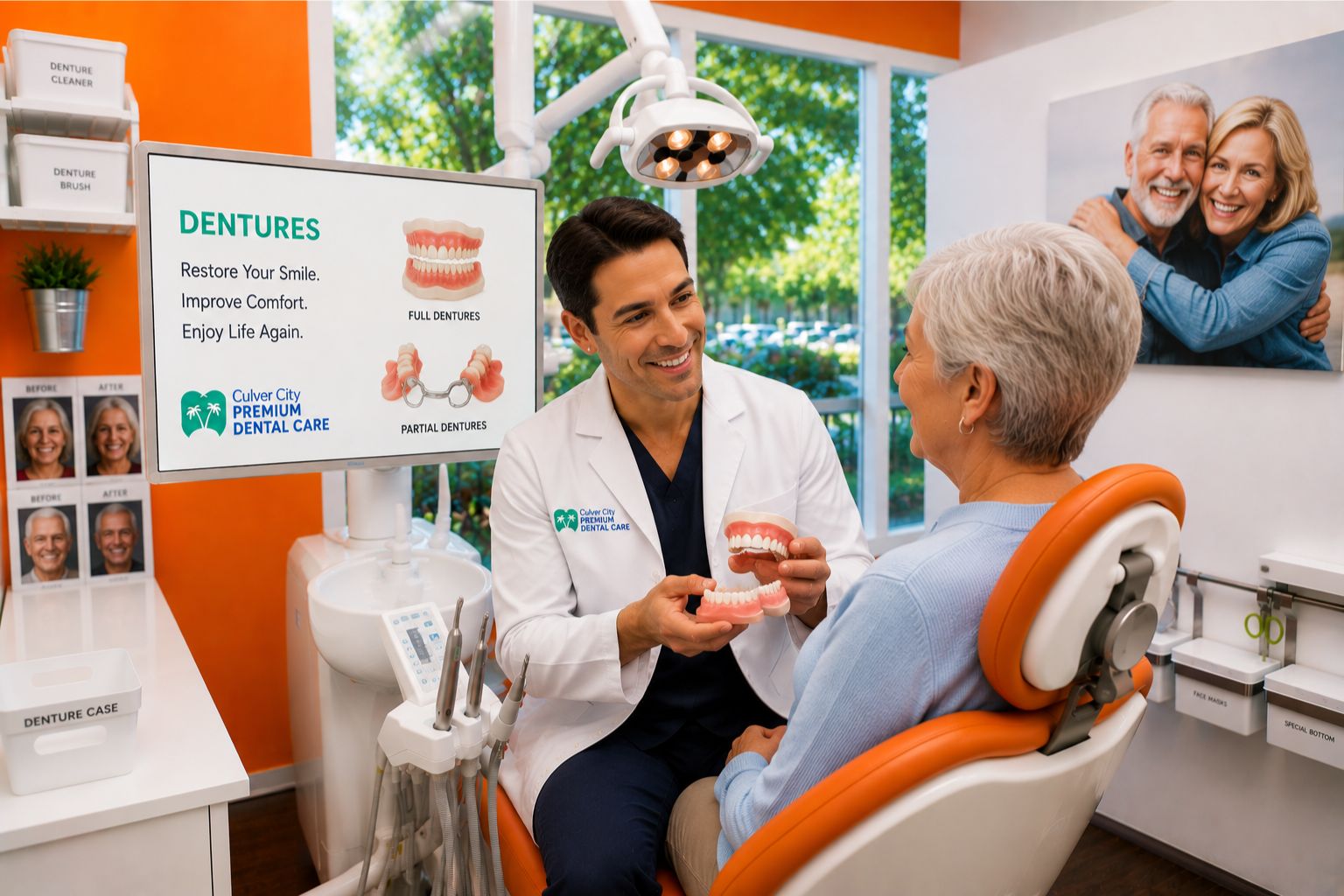 Dentist explaining dentures treatment to patient in modern Culver City dental office