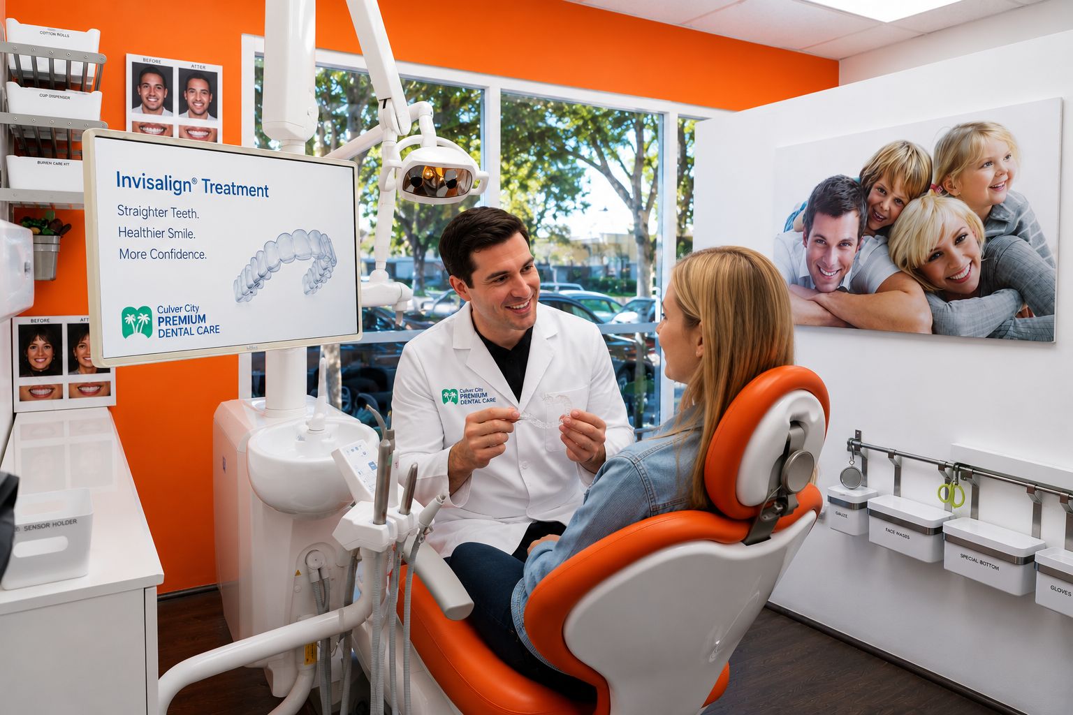 Dentist showing Invisalign clear aligners to patient in modern dental office