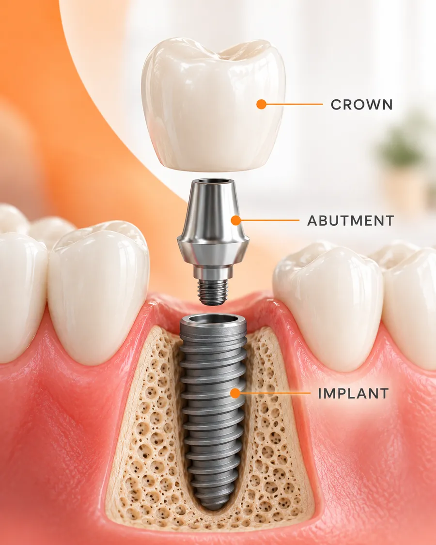Illustration showing the crown, abutment, and dental implant in the jawbone